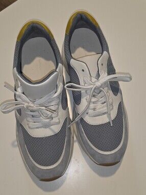 Women's Grey & White Lace-Up Sneakers with Yellow Heel Accent